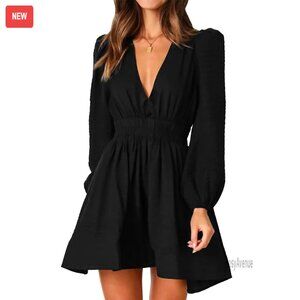 Mini Deep V Long Sleeve A-Line Dress High Waisted Flowy Cocktail Wedding Guest